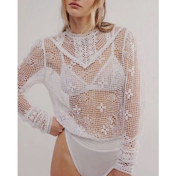 Free People Intimately 70s Style Crochet Bodysuit White Size S $128 - Picture 1 of 11